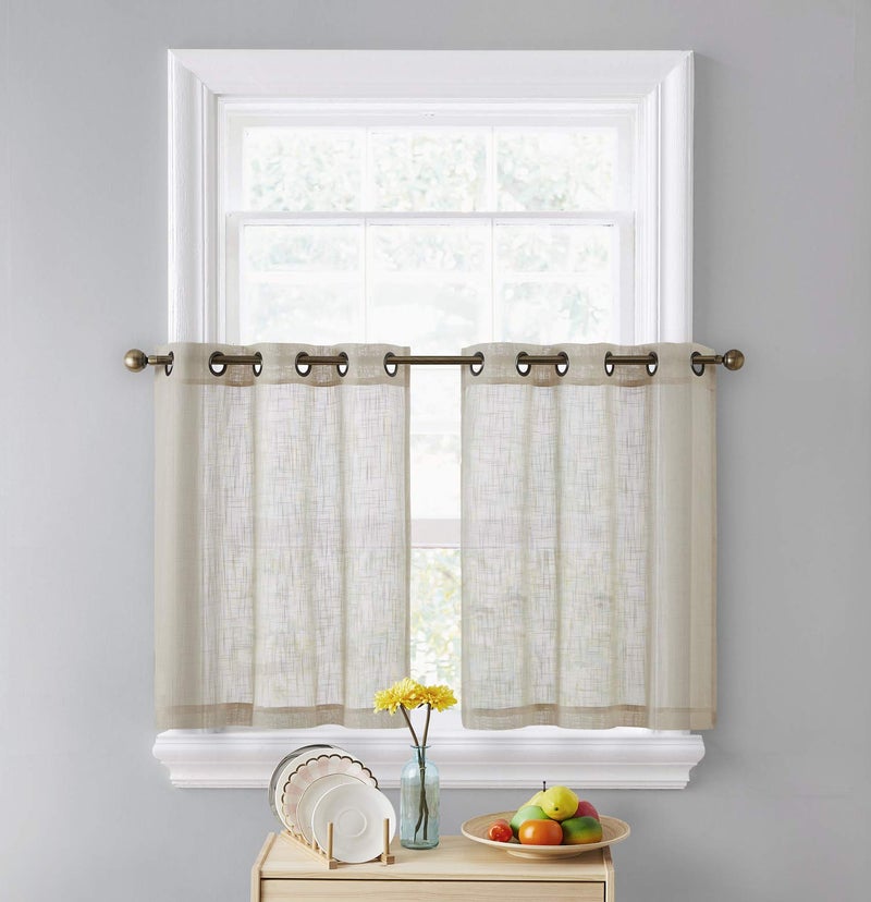 HLC.ME Abbey Faux Linen Textured Semi Sheer Privacy Light Filtering Transparent Grommet Short Thick Cafe Curtain Tiers for Small Windows, Kitchen & Basement, Set of 2 (35 W x 24 L, Beige) - Image 2